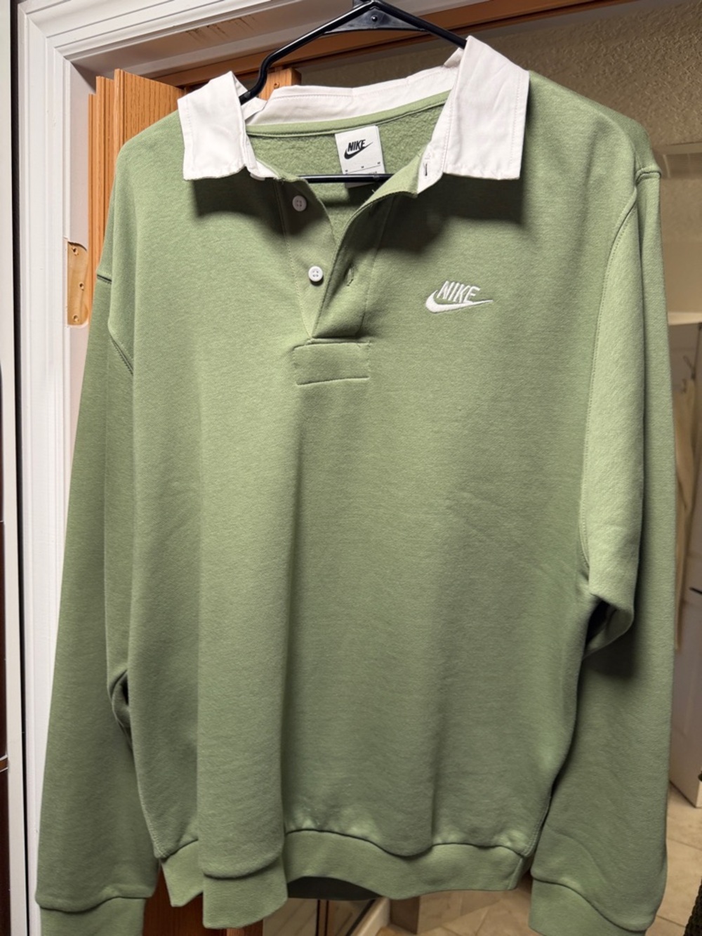 Nike Olive Green Long-Sleeve Polo with White Contrast Collar